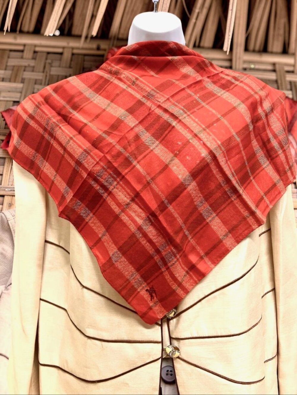 New Never worn Burberry Neck-kerchief 19.5" red black gray check embroidered(95 - Picture 4 of 12